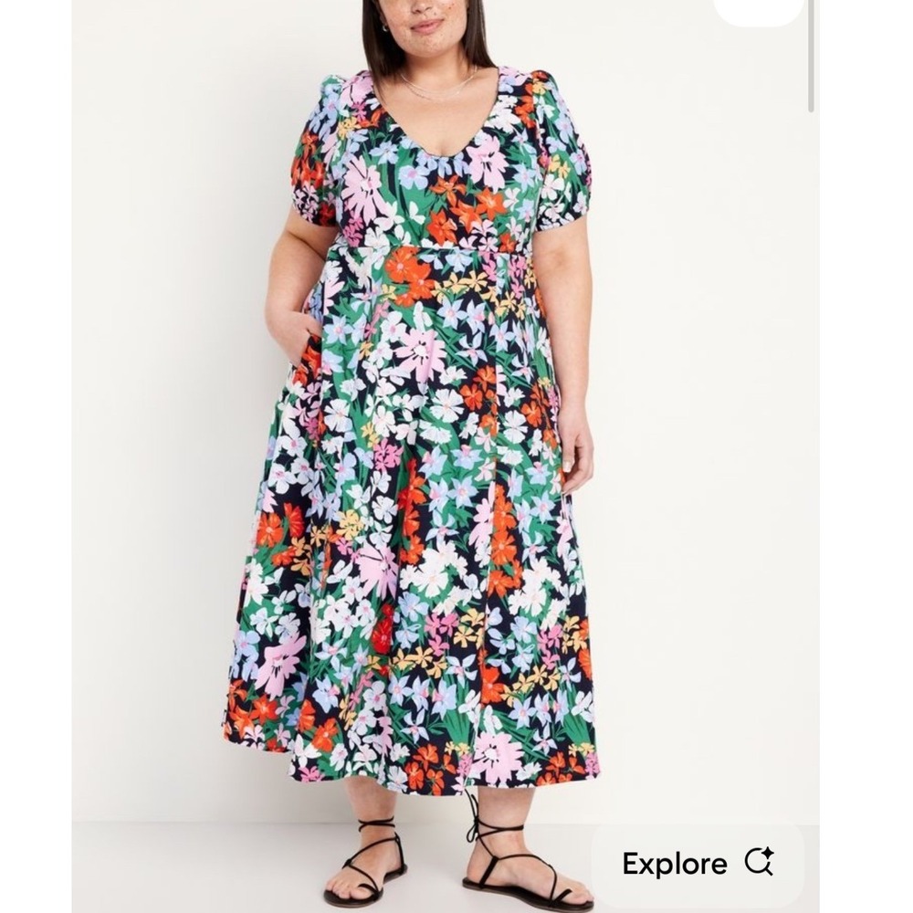 Old Navy Puff-Sleeve Midi Swing Dress | Multi Floral | XXL